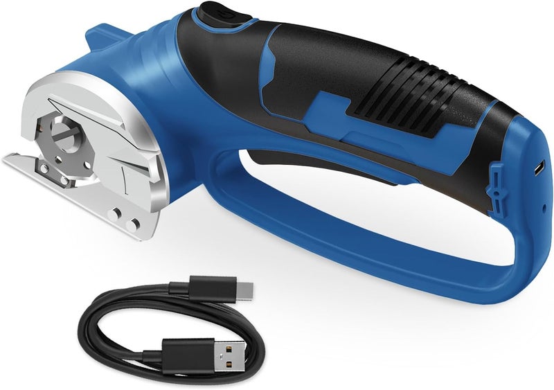 Mershca Cordless Electric Scissors, 4V Rechargeable Box Cutter & Cardboard Cutter with Titanium Blade, LED Light, Safety Lock - Rotary Cutter for Fabric, Leather, Carpet, Plastic, Crafting, Sewing(Slate Blue) - Image 1